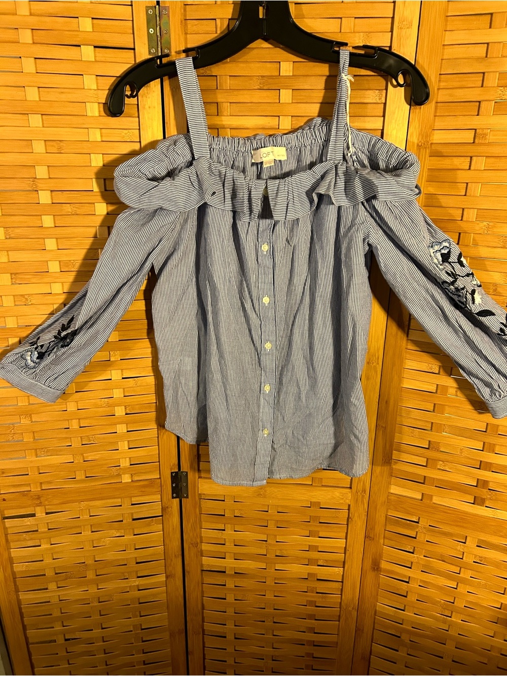 LOFT Blue and White Pinstripe Off-Shoulder Top with Embroidered Sleeves